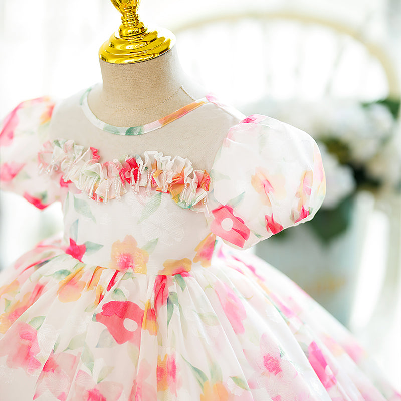 Pink Tulle Princess Flower Girl Dress Round Neck Puff Sleeve