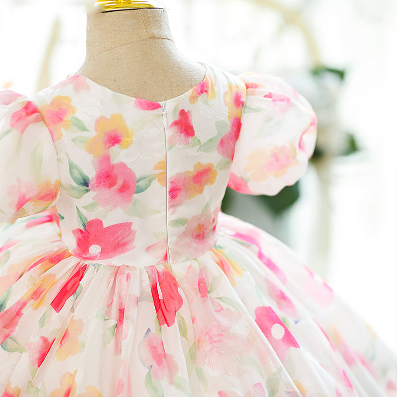 Pink Tulle Princess Flower Girl Dress Round Neck Puff Sleeve