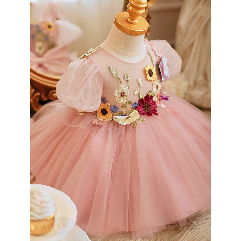 Pink Tulle Princess Flower Girl Dress with 3D Floral Lace