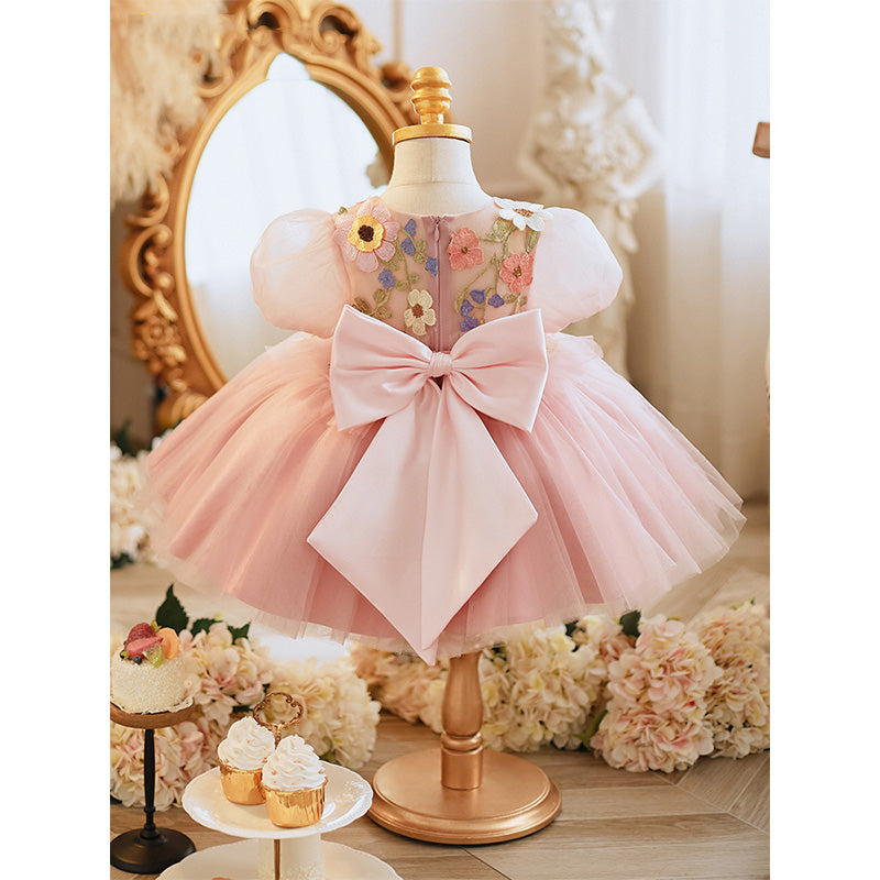 Pink Tulle Princess Flower Girl Dress with 3D Floral Lace