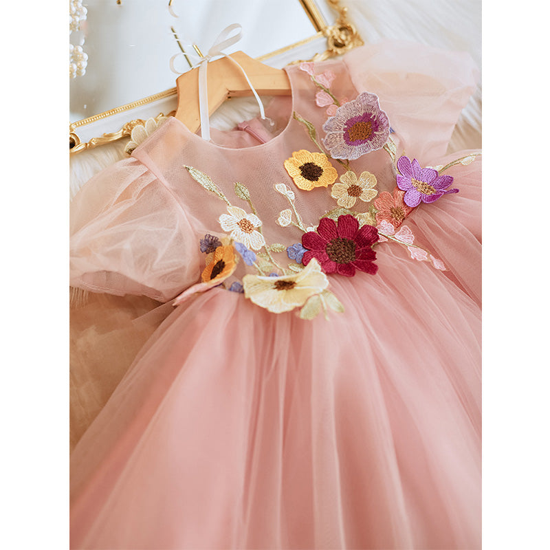 Pink Tulle Princess Flower Girl Dress with 3D Floral Lace