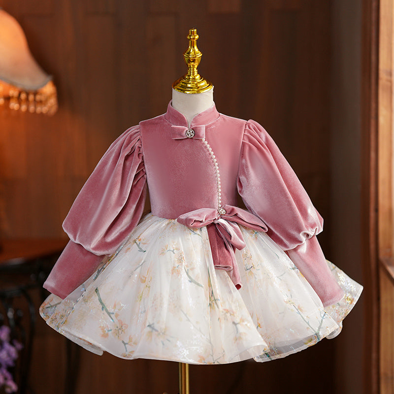 Pink Velvet Tulle Princess Flower Girl Dress Beaded Lantern