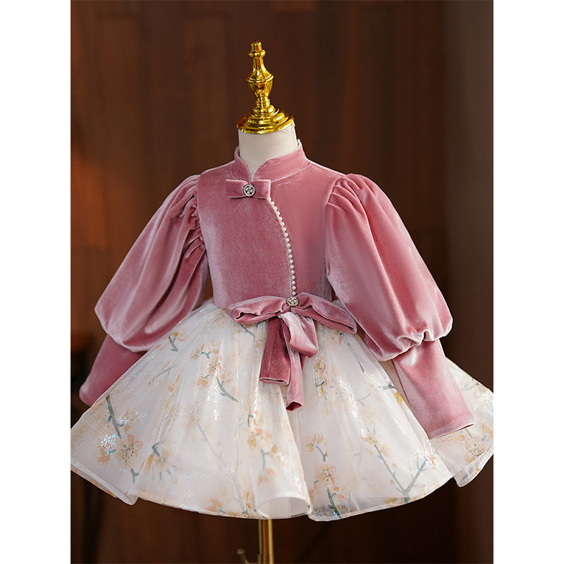 Pink Velvet Tulle Princess Flower Girl Dress Beaded Lantern
