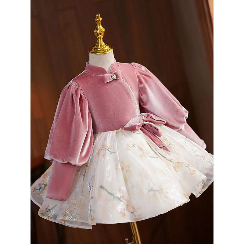 Pink Velvet Tulle Princess Flower Girl Dress Beaded Lantern