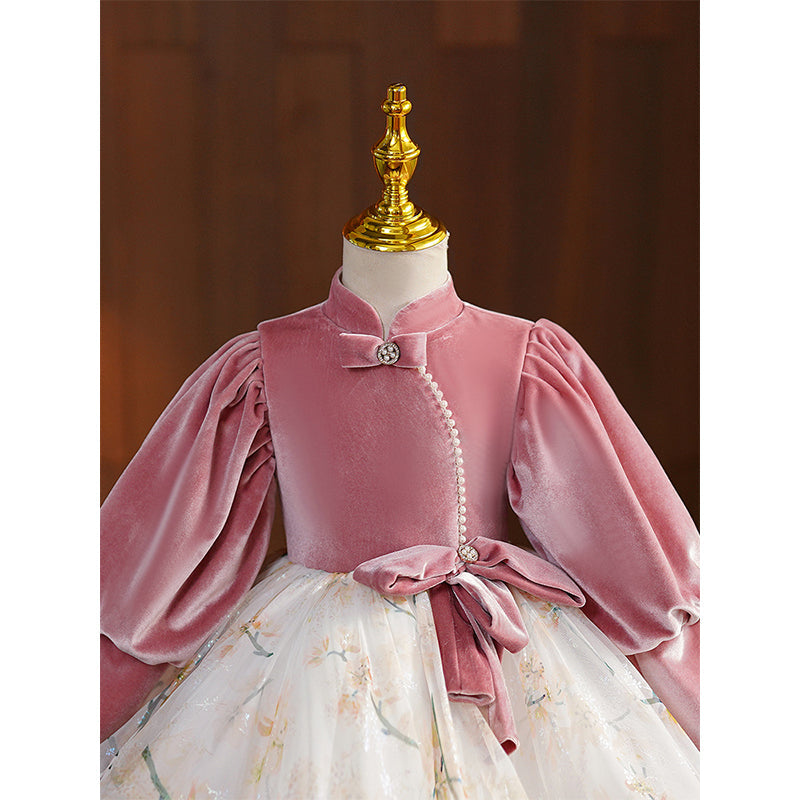 Pink Velvet Tulle Princess Flower Girl Dress Beaded Lantern