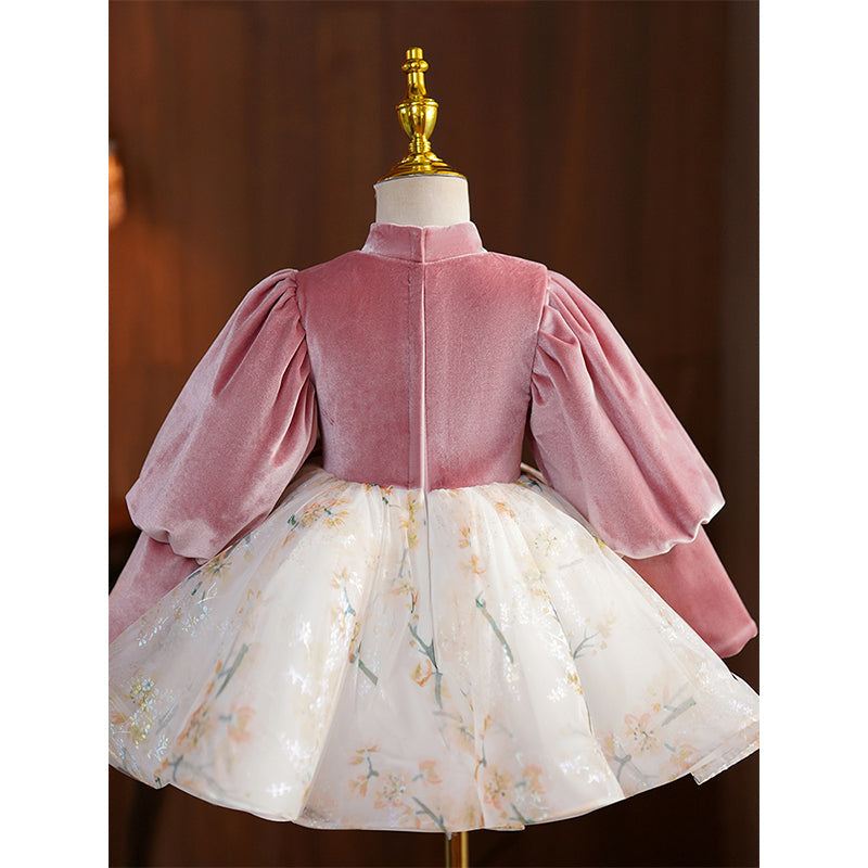 Pink Velvet Tulle Princess Flower Girl Dress Beaded Lantern