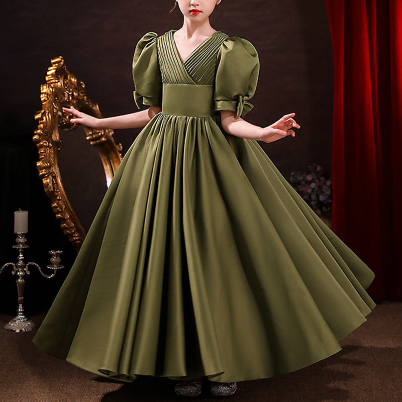Princess Floor Length Flower Girl Dress: V-Neck Puff Sleeve