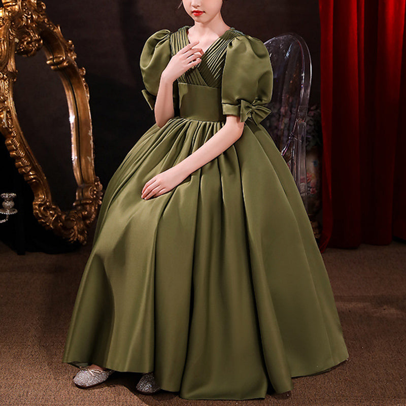 Princess Floor Length Flower Girl Dress: V-Neck Puff Sleeve