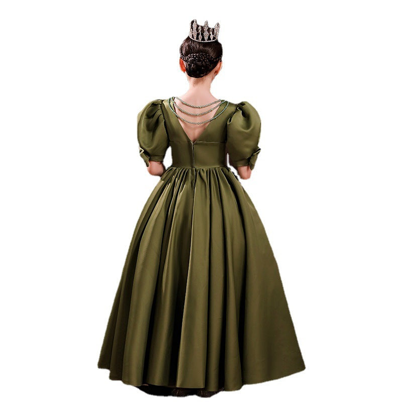 Princess Floor Length Flower Girl Dress: V-Neck Puff Sleeve