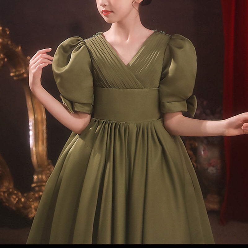Princess Floor Length Flower Girl Dress: V-Neck Puff Sleeve
