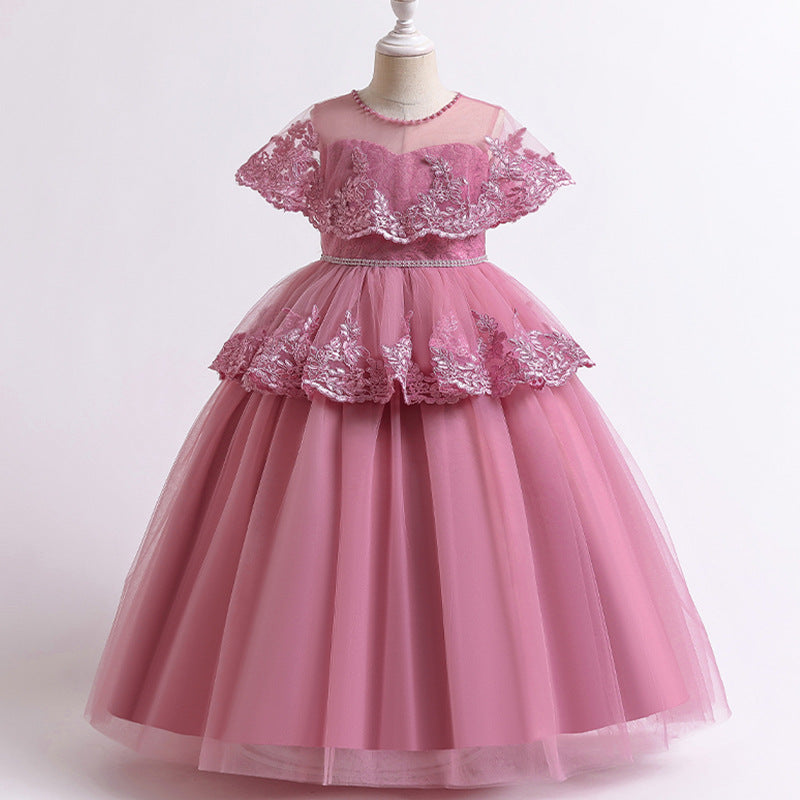 Princess Floor-Length Lace Flower Girl Dress with Flutter Sleeves