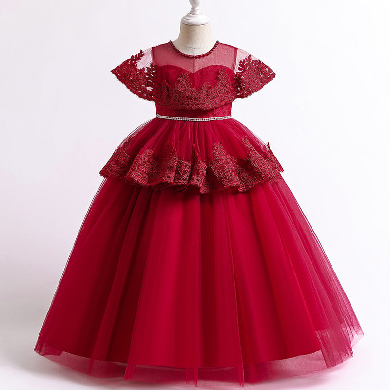 Princess Floor-Length Lace Flower Girl Dress with Flutter Sleeves