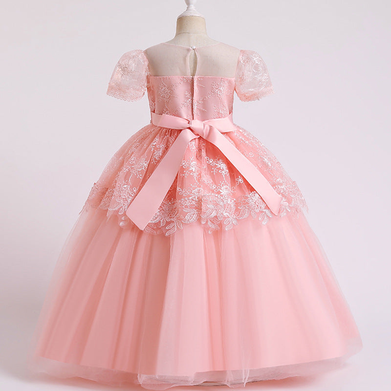 Princess Floor-Length Lace Flower Girl Dress with Puff Sleeves