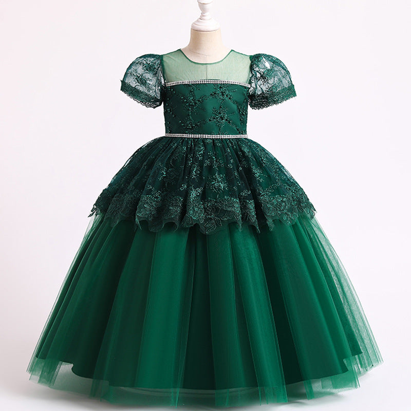 Princess Floor-Length Lace Flower Girl Dress with Puff Sleeves