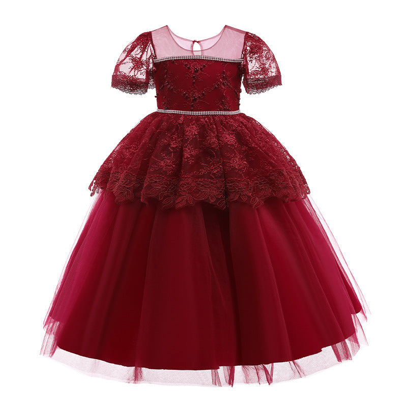 Princess Floor-Length Lace Flower Girl Dress with Puff Sleeves