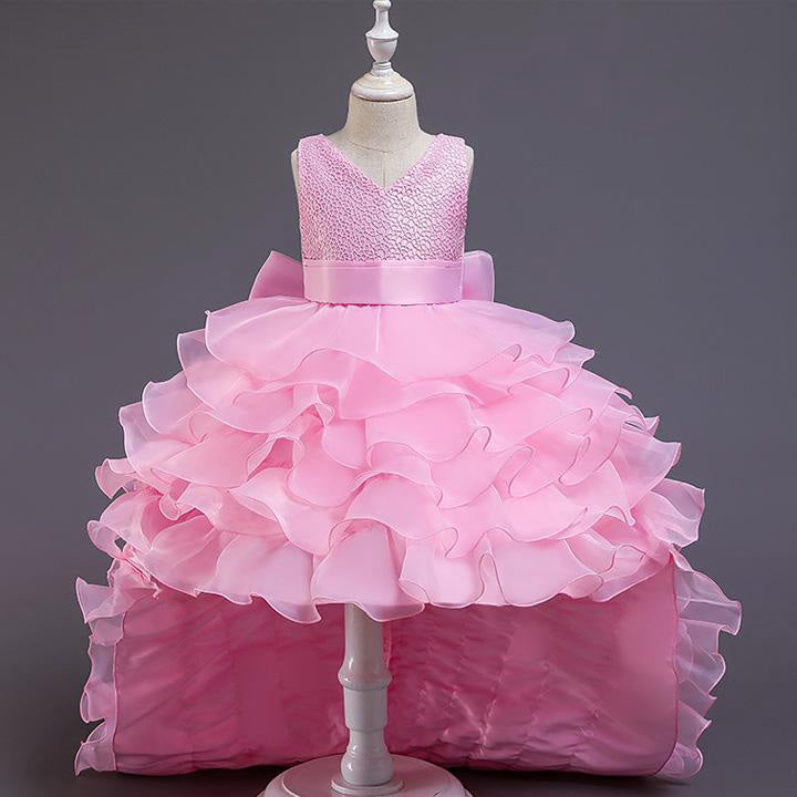 Princess Flower Girl Dress with Cascading Ruffles & Bow - Sweep Train