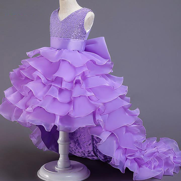 Princess Flower Girl Dress with Cascading Ruffles & Bow - Sweep Train