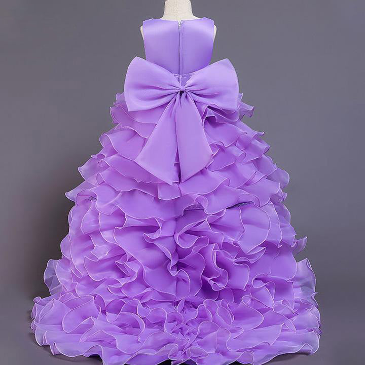 Princess Flower Girl Dress with Cascading Ruffles & Bow - Sweep Train