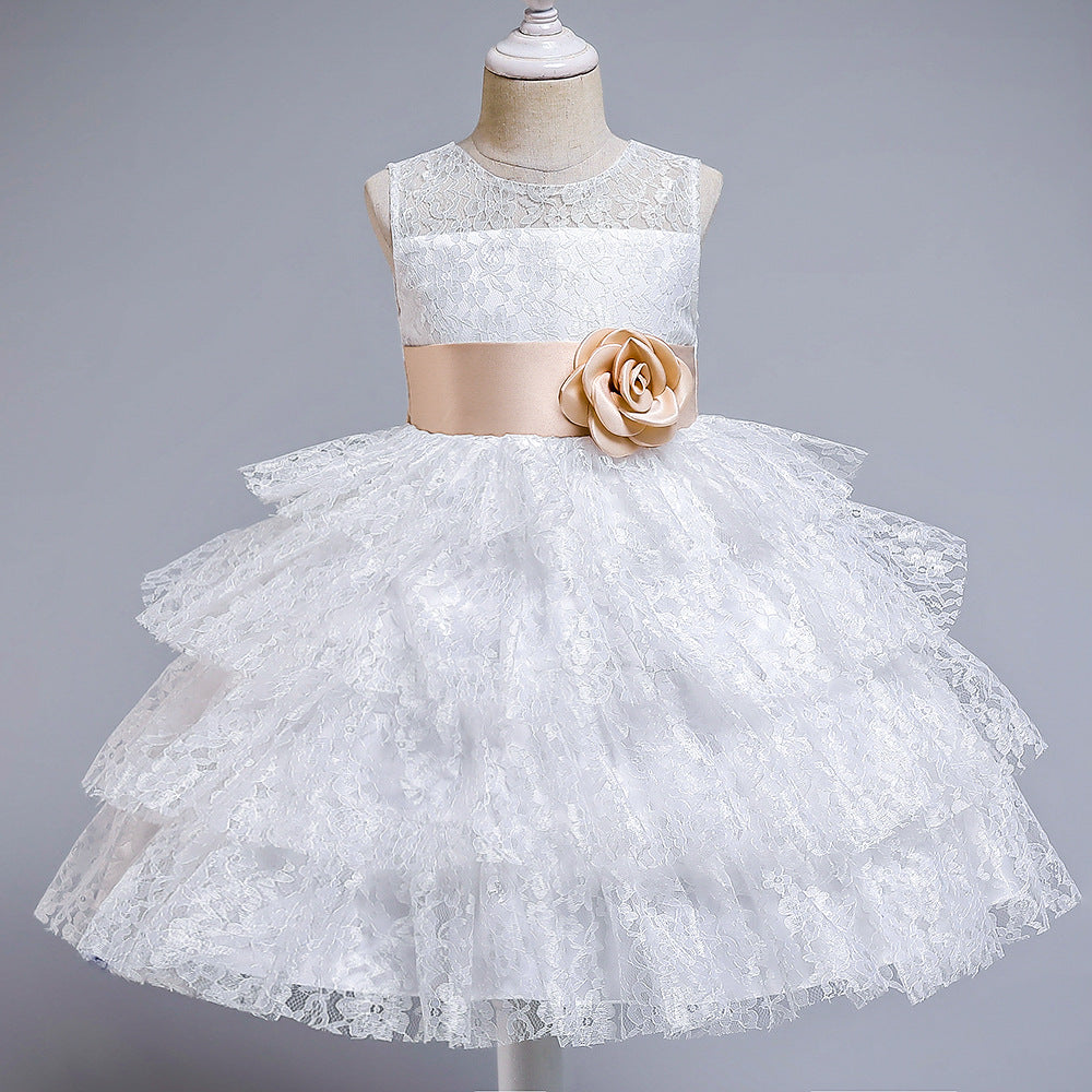Princess Flower Girl Dress with Lace and Floral Embellishments