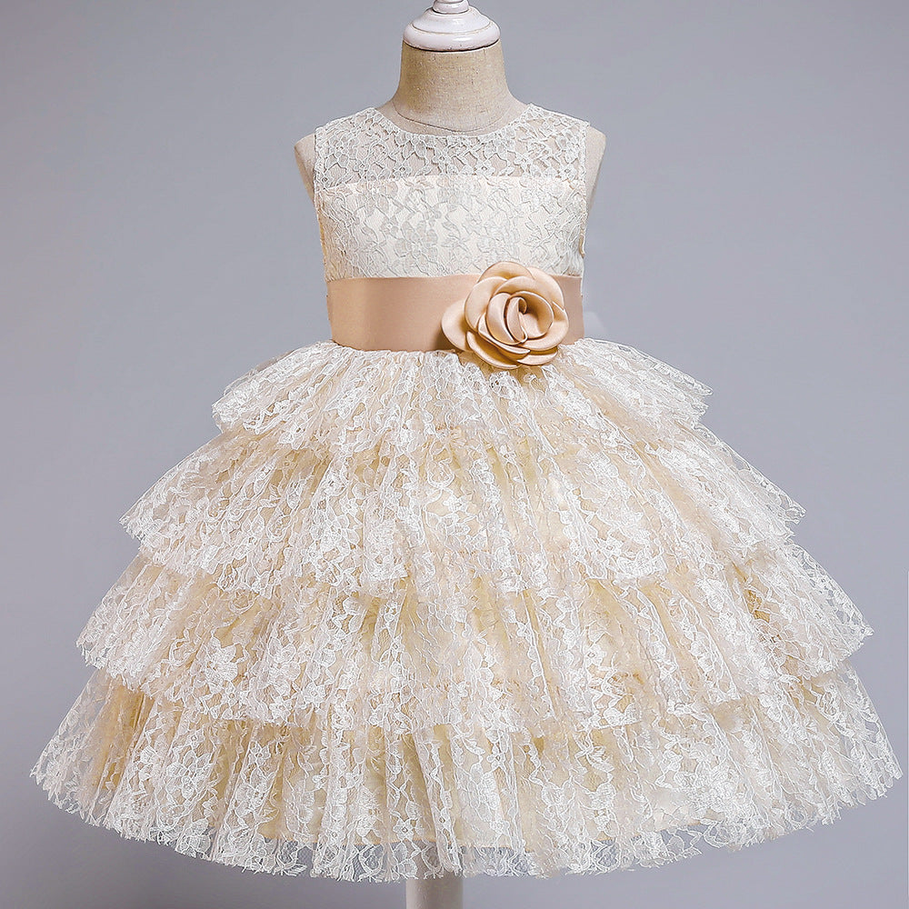 Princess Flower Girl Dress with Lace and Floral Embellishments