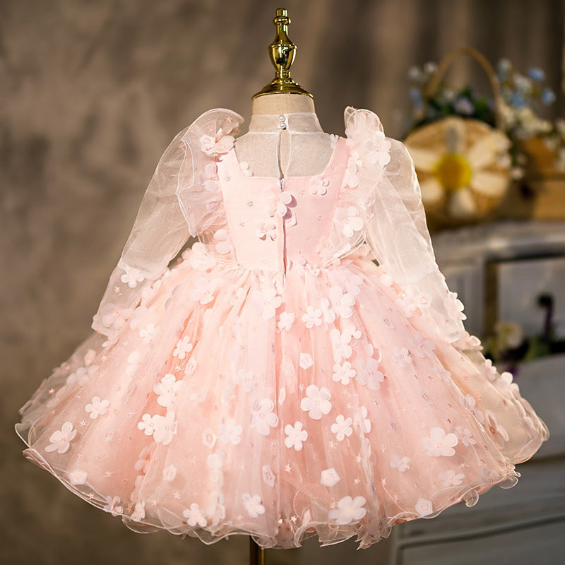 Princess Flower Girl Dress with Long Lantern Sleeves & Flowers