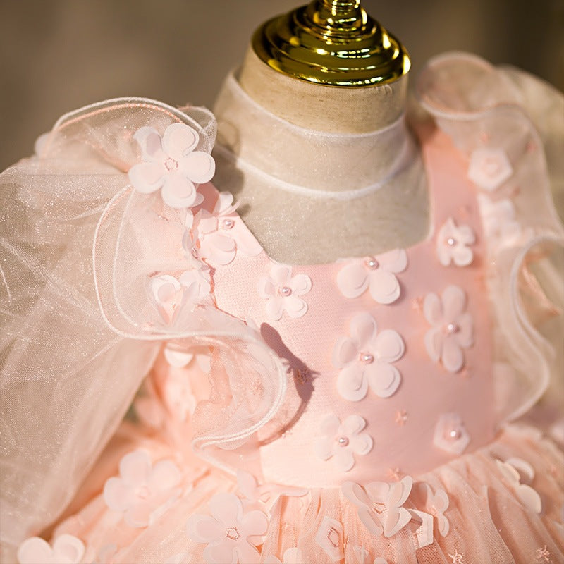 Princess Flower Girl Dress with Long Lantern Sleeves & Flowers