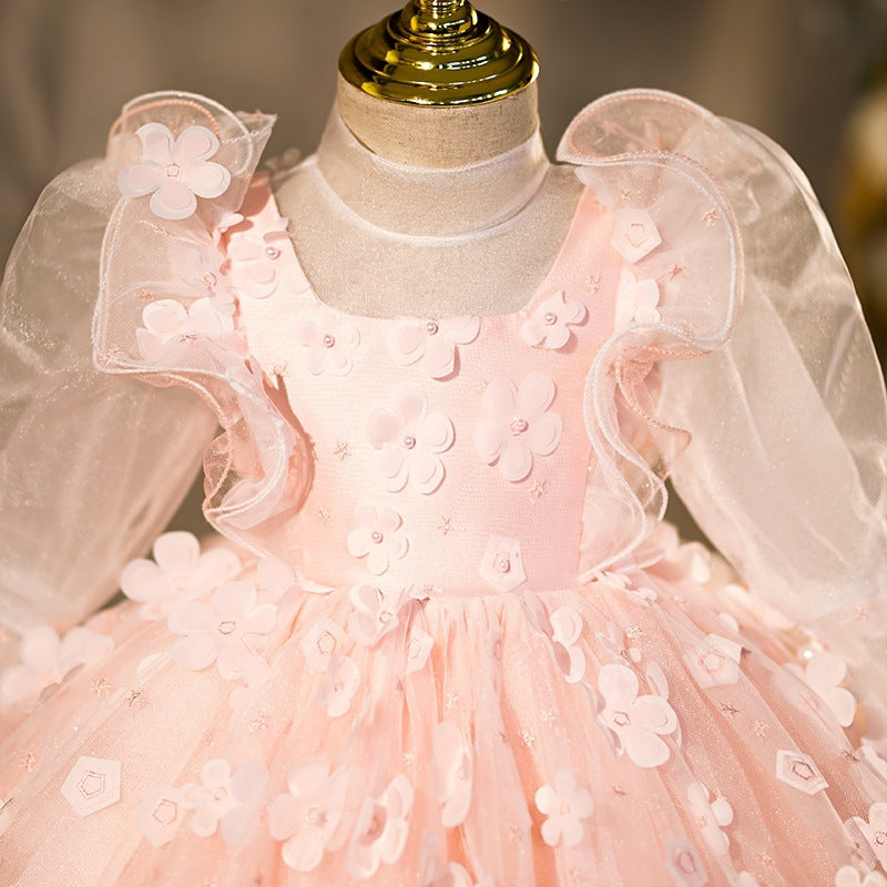 Princess Flower Girl Dress with Long Lantern Sleeves & Flowers
