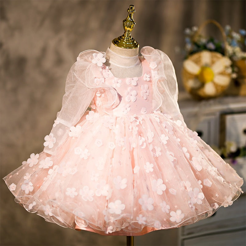 Princess Flower Girl Dress with Long Lantern Sleeves & Flowers
