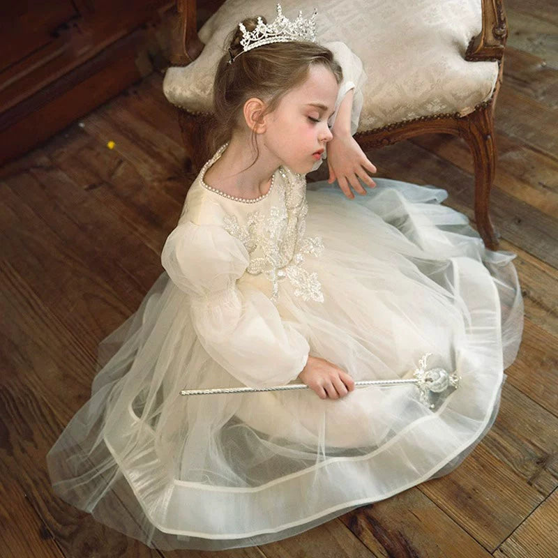 Princess Ivory Tulle Back Zip Baptism Beaded Tea Length Long Sleeve Lantern Sleeve Round Flower Girl Dress