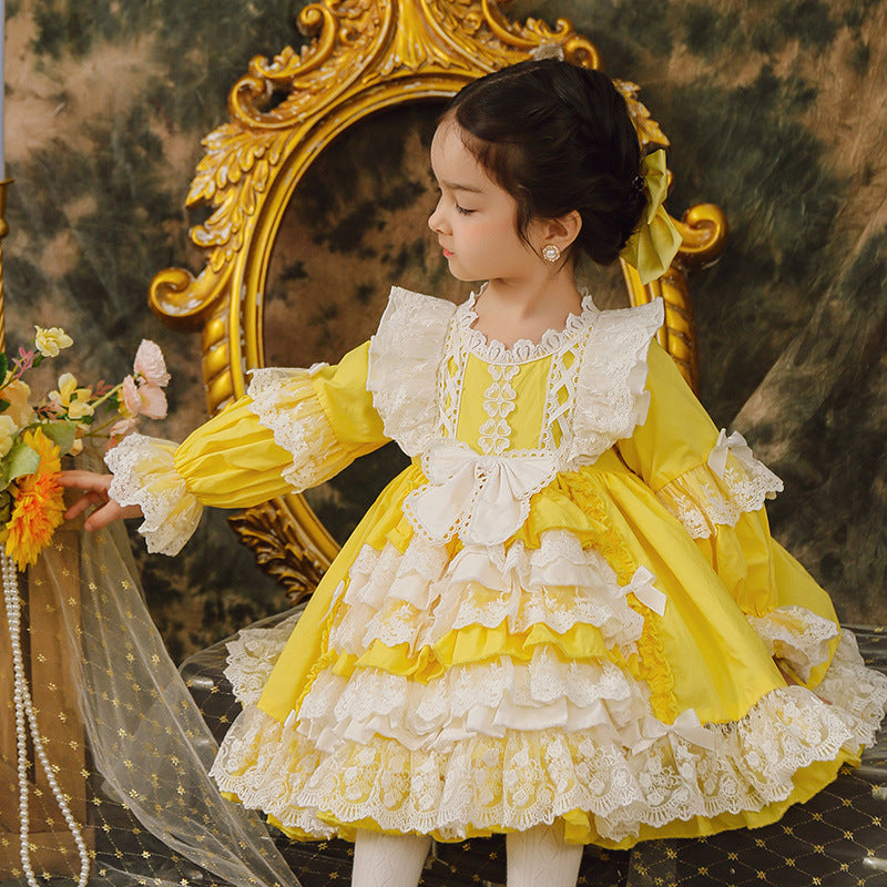 Princess Lace Flower Girl Dress with Long Lantern Sleeves