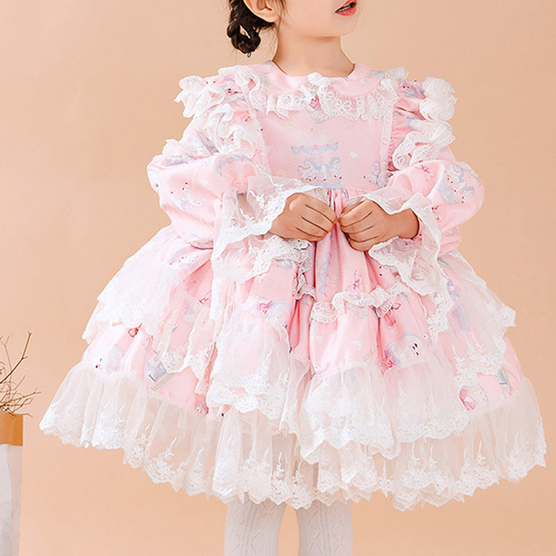 Princess Lace Flower Girl Dress with Long Puff Sleeves