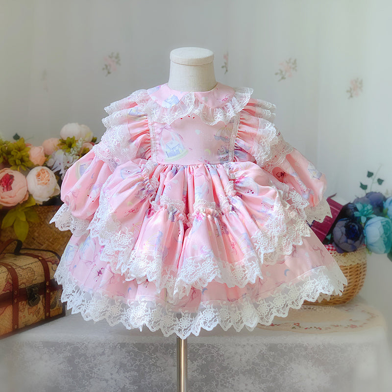 Princess Lace Flower Girl Dress with Long Puff Sleeves