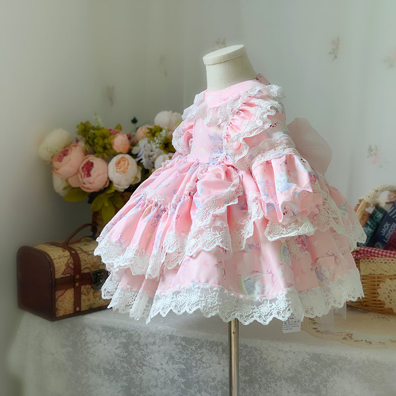 Princess Lace Flower Girl Dress with Long Puff Sleeves