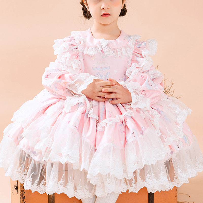 Princess Lace Flower Girl Dress with Long Puff Sleeves