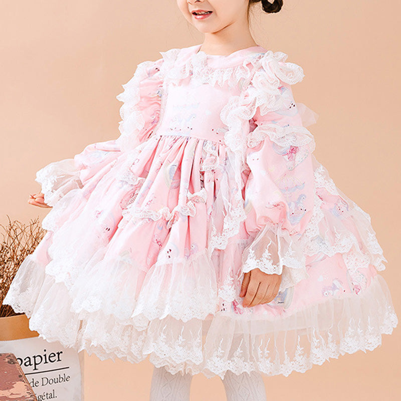 Princess Lace Flower Girl Dress with Long Puff Sleeves