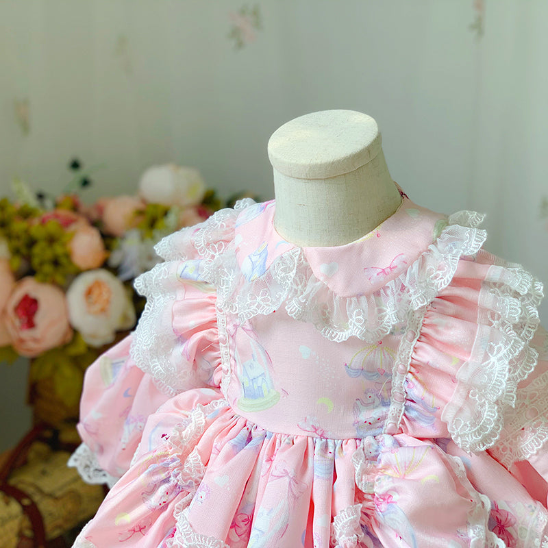 Princess Lace Flower Girl Dress with Long Puff Sleeves