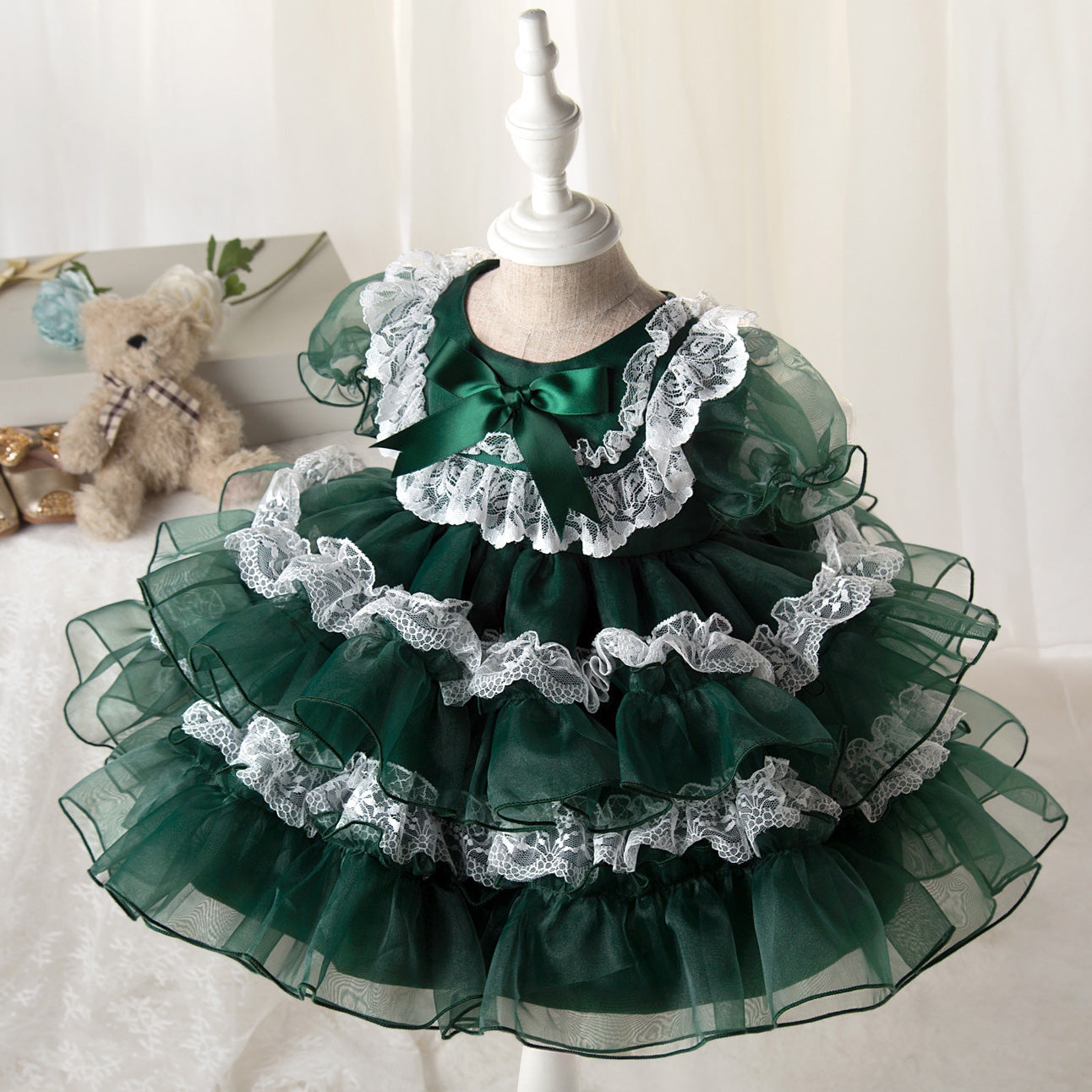 Princess Organza Flower Girl Dress with Lace and Bows