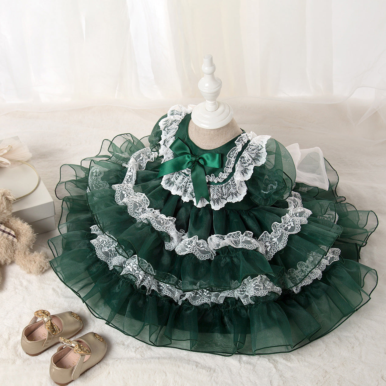 Princess Organza Flower Girl Dress with Lace and Bows