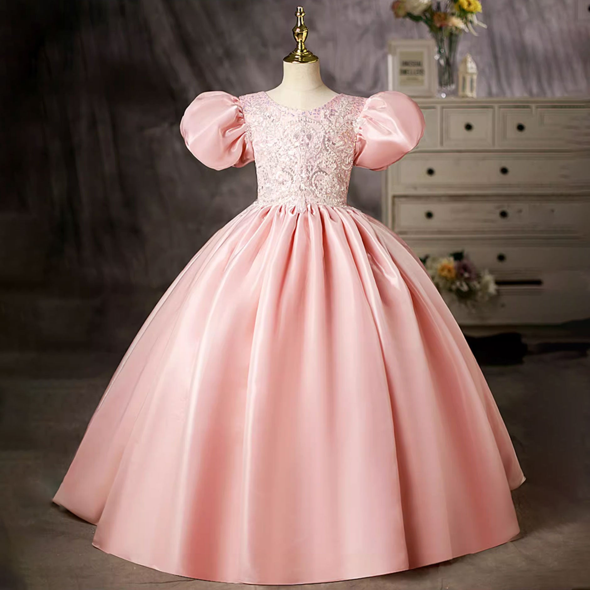 Princess Scoop Floor Length Satin Flower Girl Dress in Pink