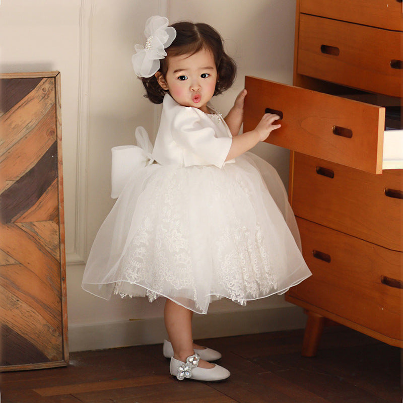 Princess Satin & Tulle Flower Girl Dress with Lace Flowers