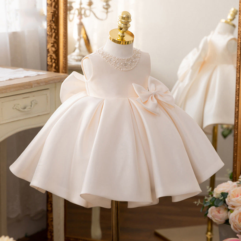 Princess Satin Flower Girl Dress with Bow and Ruffle Details