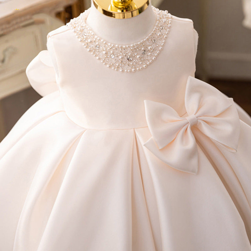 Princess Satin Flower Girl Dress with Bow and Ruffle Details