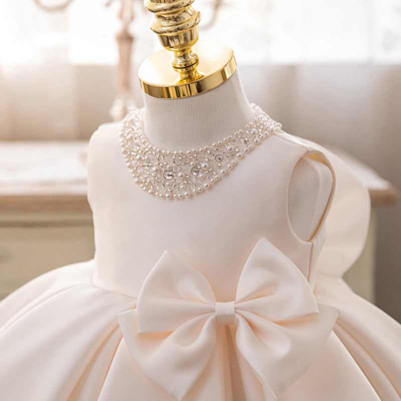 Princess Satin Flower Girl Dress with Bow and Ruffle Details