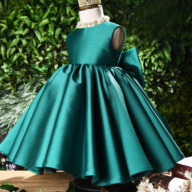 Princess Satin Flower Girl Dress with Bow and Ruffle Details