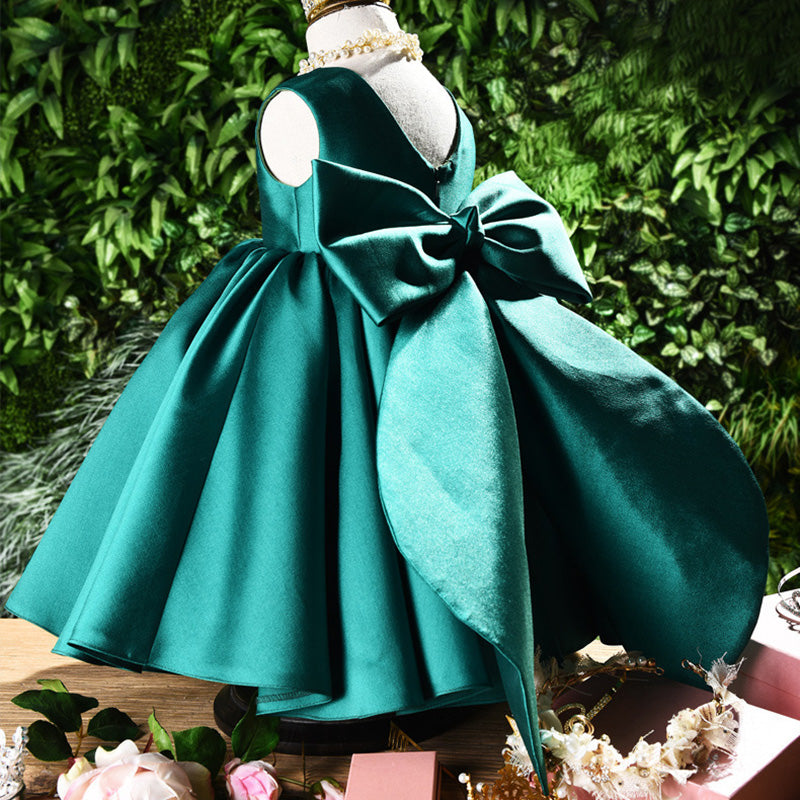 Princess Satin Flower Girl Dress with Bow and Ruffle Details