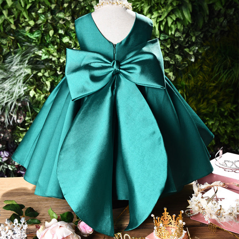 Princess Satin Flower Girl Dress with Bow and Ruffle Details