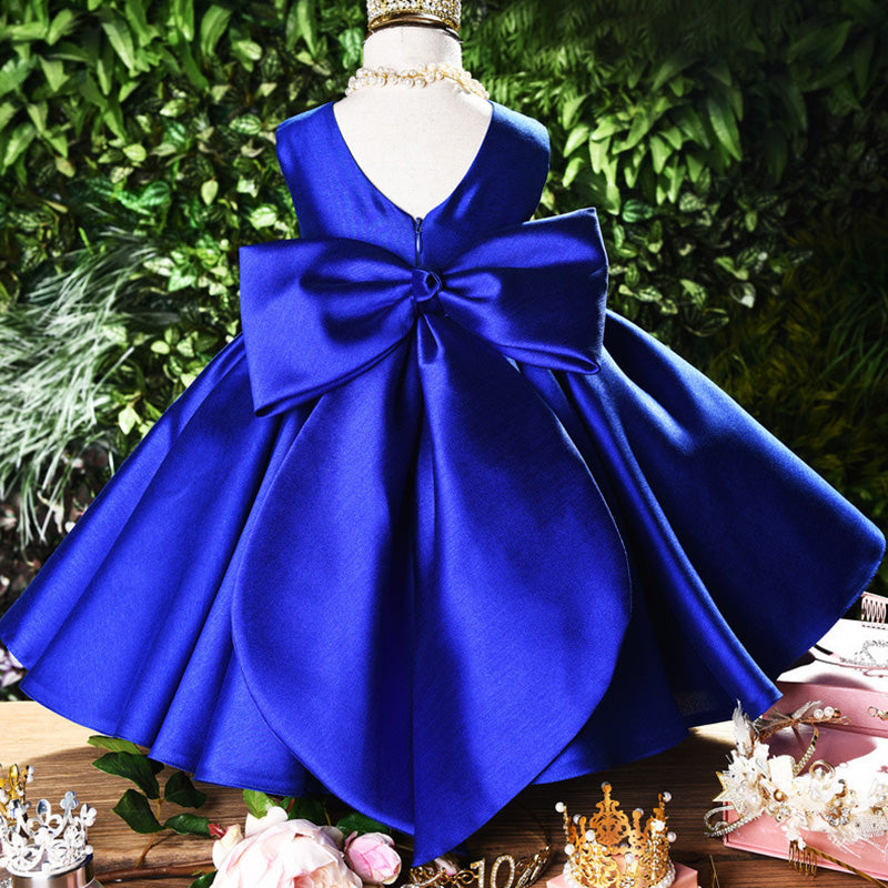Princess Satin Flower Girl Dress with Bow and Ruffle Details