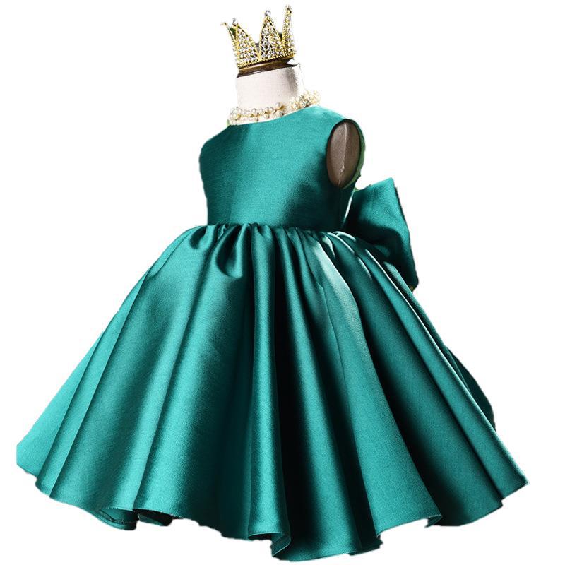 Princess Satin Flower Girl Dress with Bow and Ruffle Details