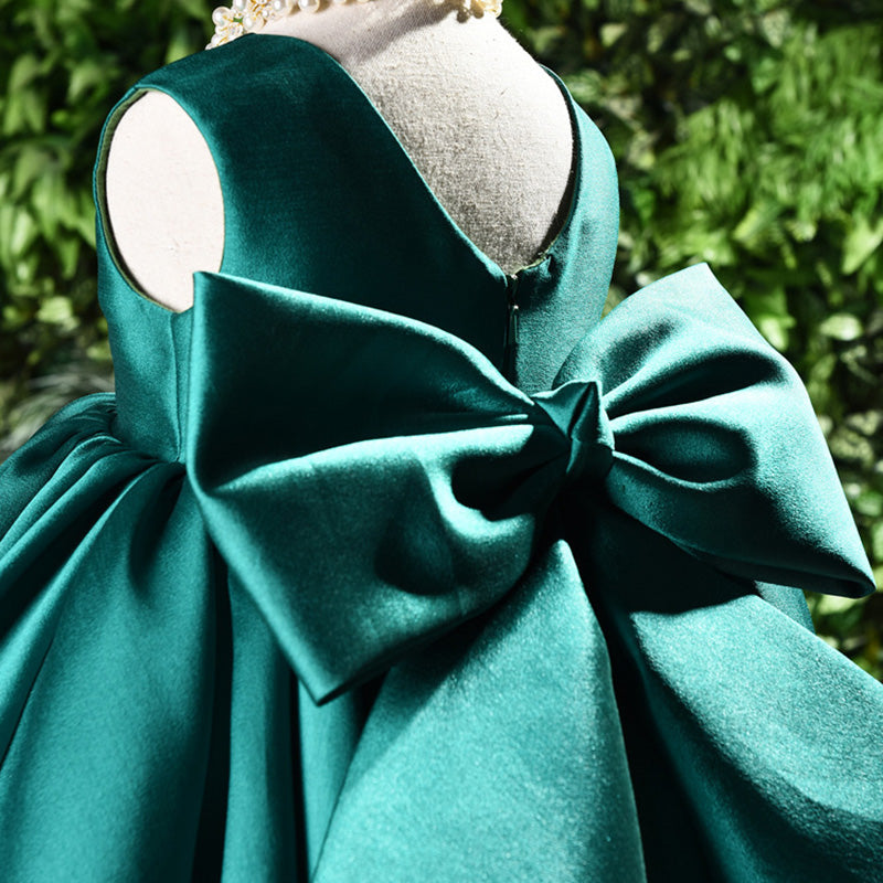 Princess Satin Flower Girl Dress with Bow and Ruffle Details