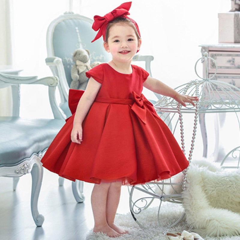 Princess Satin Flower Girl Dress with Cap Sleeves and Bows